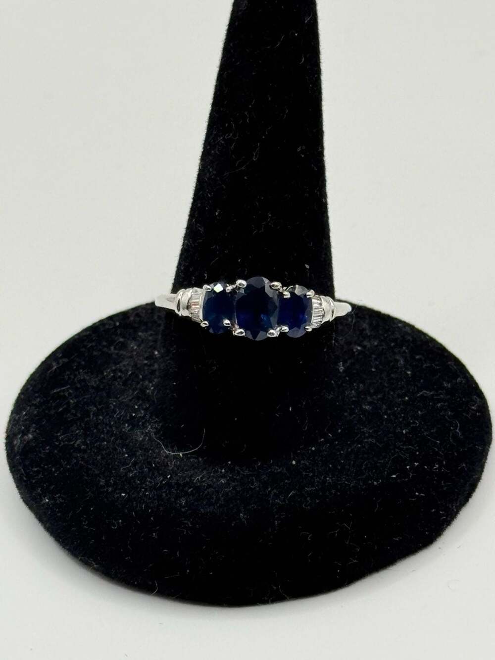14K White Gold Sapphire and Diamond Three-Stone Ring